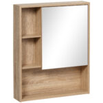 Armadietto Bagno a Specchio con Ripiani Regolabile, Specchio Bagno Contenitore con Porta Salvaspazio, Montaggio a Parete, 60x15x76 cm, Rovere