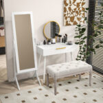 Tavolo Trucco con Specchio e 2 Cassetti per Accessori, in Legno, 80x40x123 cm, Bianco - immagine 7