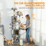 Albero Tiragraffi per Gatti con Scala, 2 Amache, 3 Posatoi, 2 Casette e 3 Piattaforme, 48x48x192 cm, Grigio e Crema - immagine 4