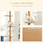 Albero Tiragraffi per Gatti a 4 Livelli, Fissaggio a Soffitto Regolabile, 43x27x228-260cm - immagine 6