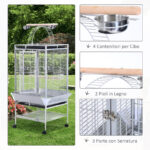 Voliera per Uccelli con Ruote Altezza 161,5cm, Vaschette in Acciaio e Trespoli in Legno, Argento - immagine 6