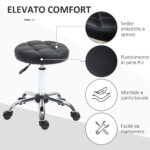 Sgabello Girevole Rotondo con Ruote, Altezza Regolabile e Rivestimento in Finta Pelle, Nero - immagine 5