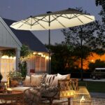 Ombrellone Doppio con Luci LED e Base a Croce, in Poliestere e Acciaio, 295x150x219 cm, Bianco Crema - immagine 2