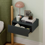 Comodino Sospeso Moderno con Cassetto, in Legno, 40x30x15 cm, Nero - immagine 8