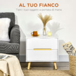 Comodino Moderno con 2 Cassetti in Truciolato e Gambe in Legno di Pino, 50Lx40Px50,5A cm, Bianco - immagine 4