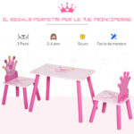 Set Tavolo e 2 Sedie a Tema Principesse per Cameretta Bambini in Legno Rosa con Schienale a Forma di Corona - immagine 4