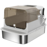 Lettiera per Gatti Chiusa XXL in Acciaio Inox, Coperchio Apribile a 90° e Doppie Porte, 70x50x46,5 cm, Grigio