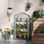 Mini Serra da Giardino con Copertura in PE, 3 Ripiani e Porta Avvolgibile, 59x39x127 cm, Trasparente - immagine 7
