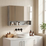 Armadietto con Specchio a 4 Sezioni con Ripiani Regolabili, in Legno e Vetro, 90x15x75 cm, Grigio - immagine 2