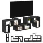 Mobile TV 75" max Modulabile con 2 Ripiani a L e Mensola Rettangolare, in Legno, 134-180x30,5x44 cm, Nero - immagine 8