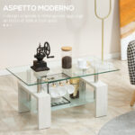 Tavolino da Caffè Moderno a 2 Livelli in Vetro e Legno, 90x50x42cm, Bianco - immagine 4