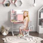 Set Scrivania e Sedia per Bambini Regolabili, Banco Scuola con Piano Inclinabile, Cassetto, Scaffale, Rosa - immagine 2