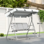 Dondolo da Giardino 3 Posti con Tetto Parasole Rimovibile, 171x108x154 cm, Grigio Chiaro - immagine 3