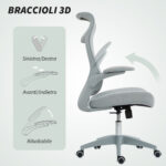 Sedia da Ufficio Ergonomica con Braccioli Regolabili, Schienale a Rete e Poggiatesta, Grigio - immagine 6