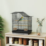 Gabbia per Uccelli a 4 Porte con 2 Ciotole, 2 Posatoi e Vassoio, in Metallo e Plastica, 47,5x36x54,5 cm, Nero - immagine 2