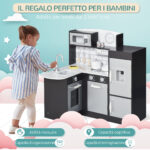Cucina Giocattolo per Bambini in Legno con 14 Accessori, Forno, Lavandino, Frigo e Microonde, Età 3+ Anni, 86x64x84,5cm, Argento e Marrone - immagine 4