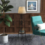 Lampada da Terra a 2 Ripiani in Metallo e MDF con Paralume in Tessuto, Ø42x166 cm, Nero e Marrone - immagine 2