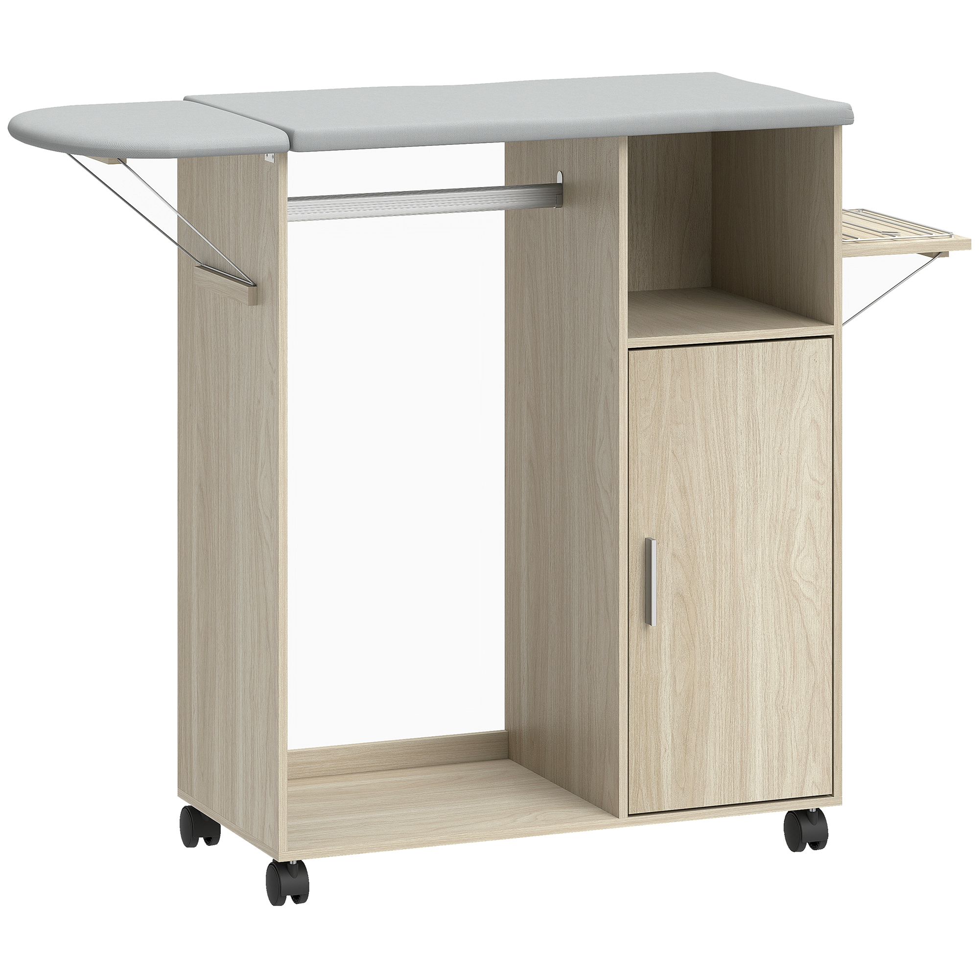 oAea6119bf84031bf.jpg Mobile Asse da Stiro con Piano d'Appoggio Effetto Lino, 3 Ripiani a Cubo e Guida, 127x42,5x99 cm, Multicolore - immagine 1