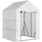 Serra da Giardino per Esterni in Acciaio e PE con 2 Scaffali e Porta Avvolgibile, 143x143x195 cm, Bianco