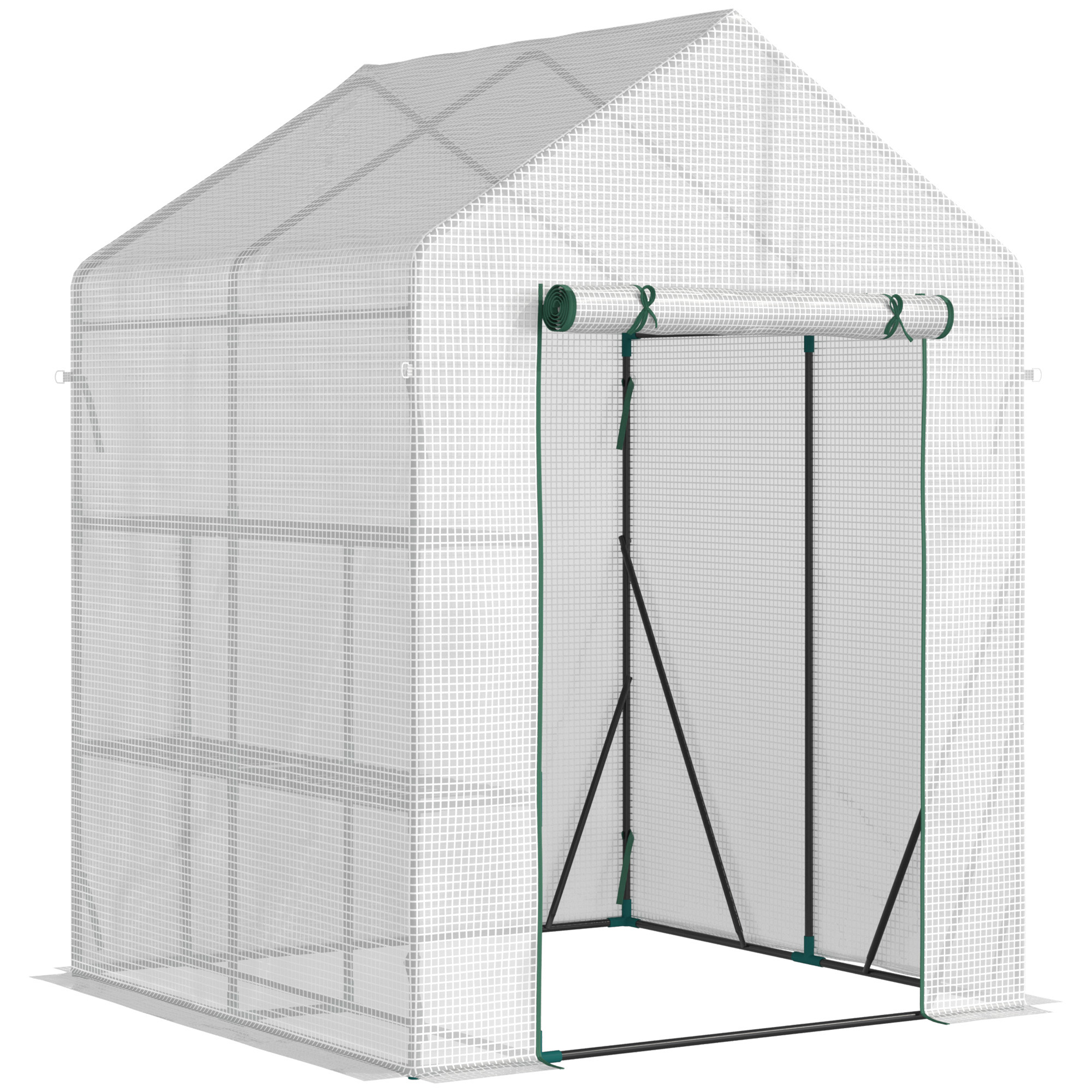 oT498a18518b67dfc.jpg Serra da Giardino per Esterni in Acciaio e PE con 2 Scaffali e Porta Avvolgibile, 143x143x195 cm, Bianco - immagine 1