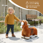 Cavallo Elettrico per Bambini con Pedali, Rotelle e Suoni, in Peluche e Metallo, 74x34x51 cm, Marrone - immagine 3