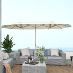 Ombrellone Doppio con Apertura a Manovella, in Acciaio Inox e Poliestere, 455x265x238 cm, Beige - immagine 9