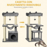 Albero Tiragraffi con Corde Sisal, Casetta e Amaca, Rivestimento Peluche e Feltro, Altezza 1cm, Grigio - immagine 6