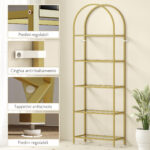 Scaffale Portaoggetti ad Arco a 5 Ripiani in Acciaio e Vetro Temperato, 60x30x175 cm, Oro - immagine 5
