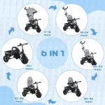 Triciclo per Bambini con Maniglione 6 in 1, Tettuccio Regolabile e Cintura di Sicurezza, Età 1-5 Anni, Grigio - immagine 4