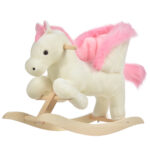 Cavallo a Dondolo Bianco e Rosa con Suoni e Struttura in Legno di Pioppo per Bambini 18-36 Mesi, 70x28x57cm