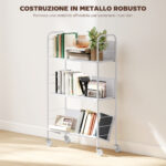 Carrello Portalibri Moderno a 3 Livelli con Ruote Girevoli per Libri e Riviste, 69x26x108 cm, Bianco - immagine 4