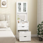 Toeletta Trucco con Specchio Illuminato e Sgabello, Luce Regolabile, Cassetti e Armadietto, Bianco - immagine 2