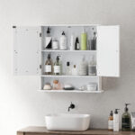 Armadietto Bagno da Parete con 2 Ante a Specchio e Ripiano Aperto, 56x13x58 cm, Bianco - immagine 6