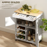Carrello Cucina con Portabottiglie, 3 Ante, 4 Ruote e Cassetto, Mobiletto Cucina Salvaspazio per Microonde e Spezie in Legno, 67x37x87 cm, Bianco e Rovere - immagine 4