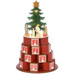 Calendario Avvento di Natale a Cono con Motivi a Tema e 10 Luci a LED, 22x22x35 cm, in Compensato, Rosso Verde e Giallo