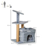 Tiragraffi per Gatti con Pali in Juta, Casetta e Cuscino, Rivestimento Peluche, Altezza 84cm, Grigio - immagine 3