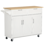Carrello da Cucina Multiuso in Legno con 2 Cassetti, 3 Antine e 4 Ruote 121x46x91cm - Bianco