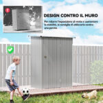 Capanno Porta Attrezzi in Metallo con Tetto Inclinato e Porta Bloccabile, 142x86x189 cm, Argento - immagine 6