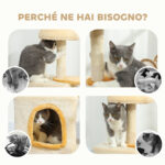 Albero Tiragraffi per Gatti con Posatoio e Casetta, in Legno, Peluche e Sisal, 40x30x72 cm, Beige e Giallo - immagine 7