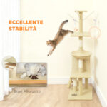 Torre per Gatti con Casetta, Trespolo, Piattaforme e 4 Topolini Appesi, 60x35x134 cm, Beige - immagine 6