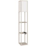 Lampada da Terra con Ripiani, Luce Regolabile, Interruttore a Pedale e Porte USB, Bianco e Rovere