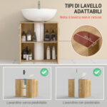 Mobiletto Bagno Sottolavabo Sospeso a 2 Ante con 2 Ripiani in Legno, Colore Naturale - immagine 4