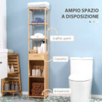 Mobile Bagno Alto in Bambù con 3 Ripiani Aperti, un Cassetto e un Armadietto, 32x30x163 cm, color Legno - immagine 4