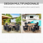 Set Tavolo e Sedie da Giardino 7 Pezzi in PE Rattan e Legno con Cuscini Morbidi, Nero - immagine 8