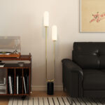 Lampada da Terra a U con 2 Luci, Interruttore a Pedale e Base in Marmo, 26x12x150 cm, Bianco Nero e Oro - immagine 9