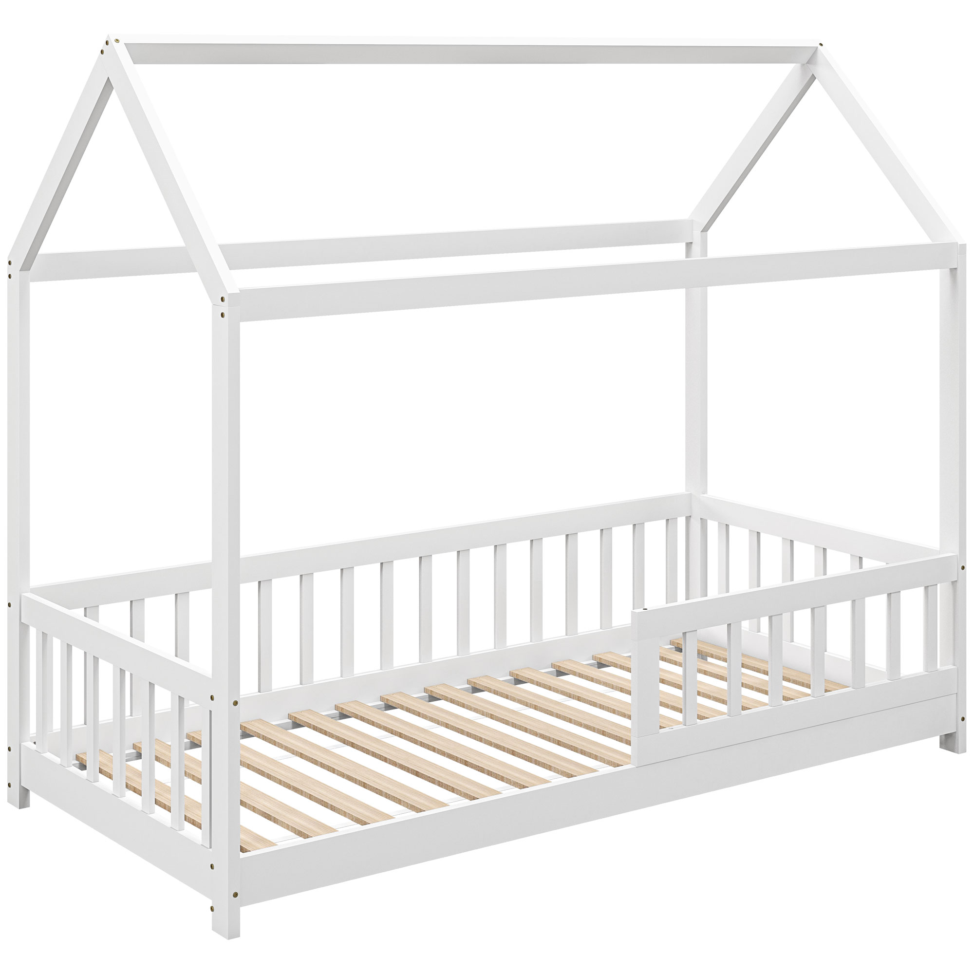sBv93719932dd180f.jpg Struttura Letto per Bambini a Forma di Casetta con Doghe e Recinzione, in Legno di Pino, 96x195x165 cm, Bianco - immagine 1
