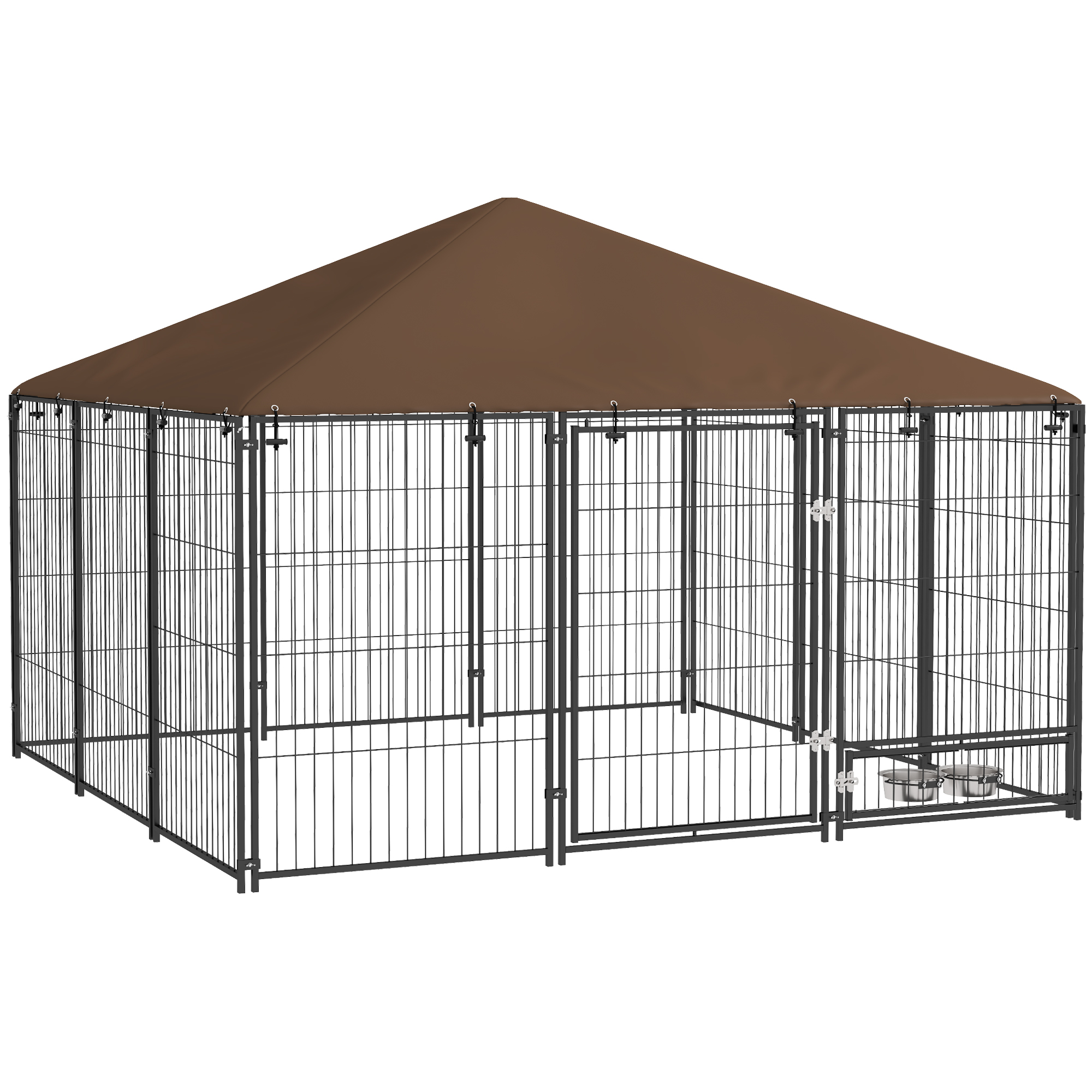 seD20d194948a5ab1.jpg Recinto per Cani in Metallo e Tessuto Oxford con Porticina per Ciotole, 211x211x151 cm, Nero e Marrone - immagine 1