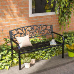 Panchina da Giardino in Metallo con Schienale Decorato, 127x60x87cm - Nero - immagine 2