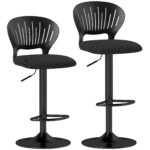 Set 2 Sgabelli da Bar Traspiranti in Tessuto Effetto Lino e Metallo con Poggiapiedi, 40,5x43x84-105 cm, Nero