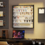 Bacheca Portaoggetti a 5 Ripiani Regolabili in Legno con Ante in Vetro, 80x9,5x83 cm, Bianco e Nero - immagine 9